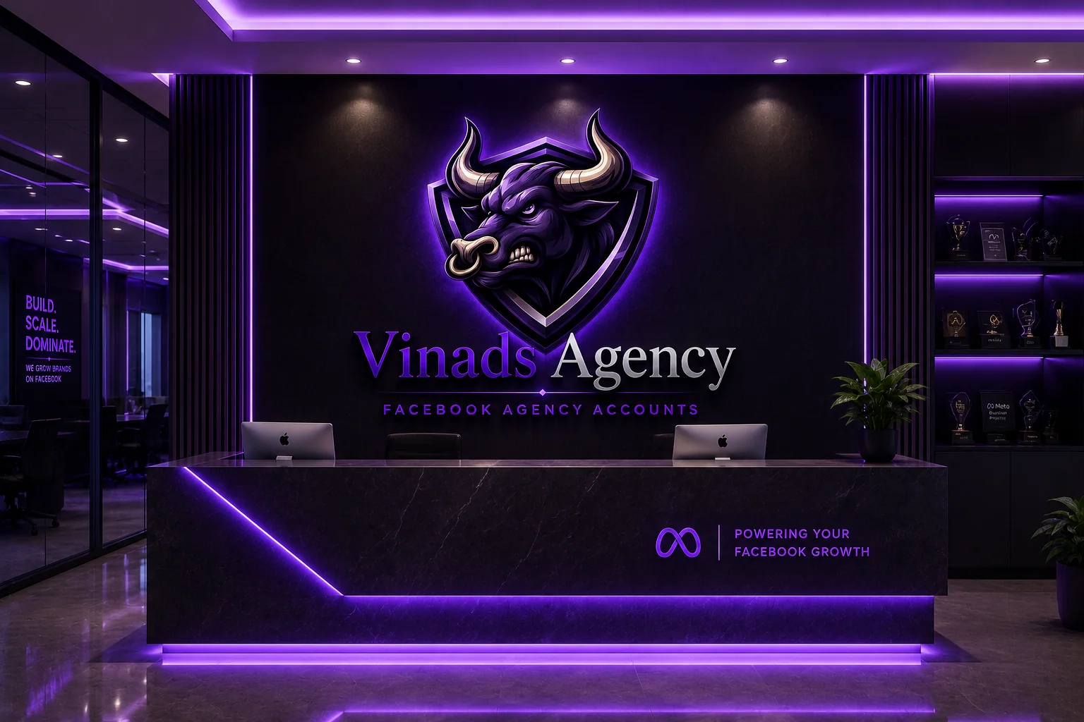 Концепция зоны ресепшен Vinads с эмблемой быка и фиолетовым фирменным освещением