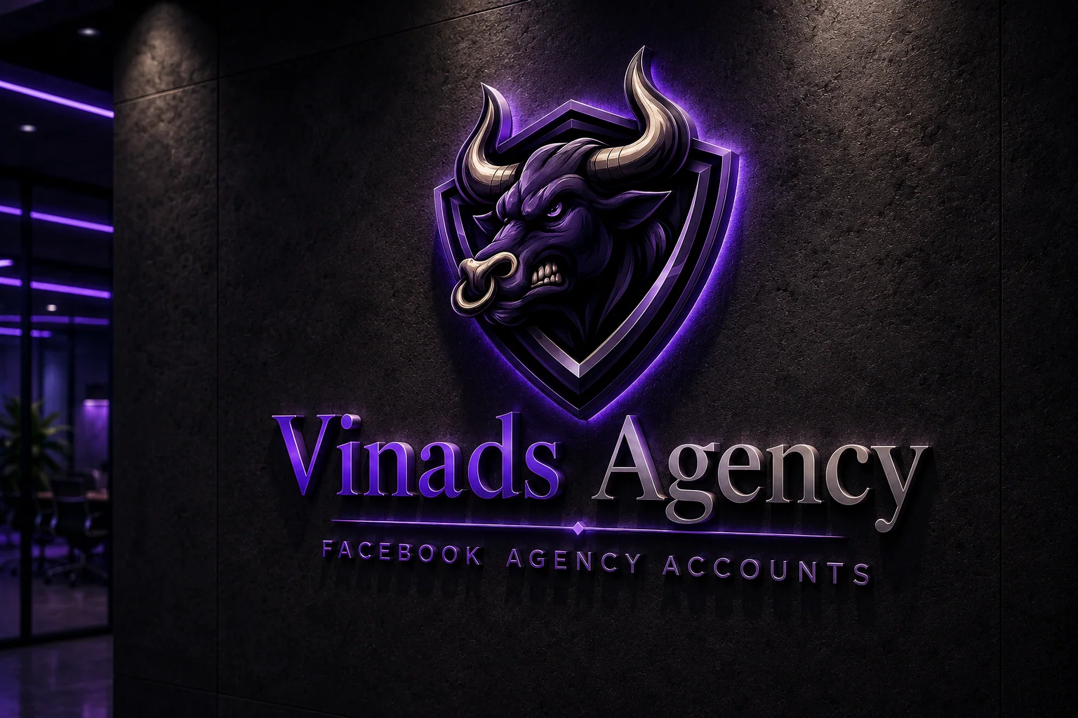 Концепция фирменной стены Vinads с эмблемой быка и подсвеченным названием компании