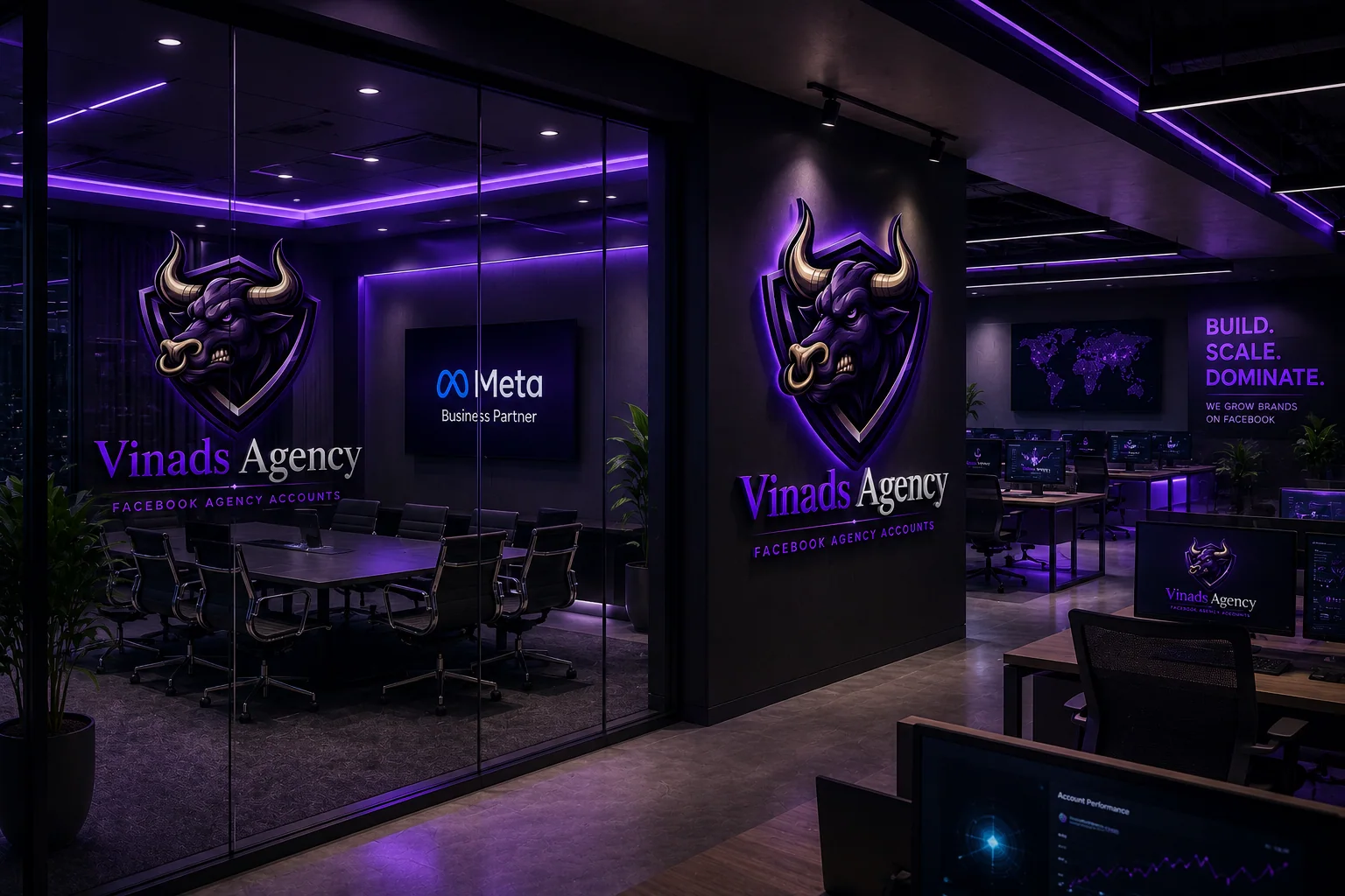 Концепция интерьера офиса Vinads с переговорной, рабочей зоной и фиолетовым фирменным освещением
