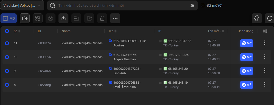 Không gian AdsPower hiển thị các hồ sơ Facebook được quản lý và kết nối proxy đã xác minh